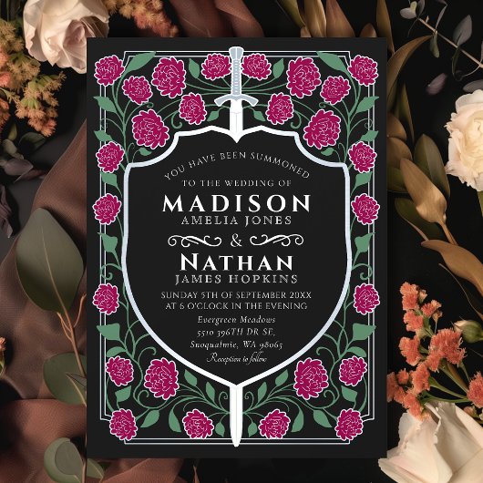 Zilveren Zwaard Schild Fantasy Monogram Huwelijk Kaart