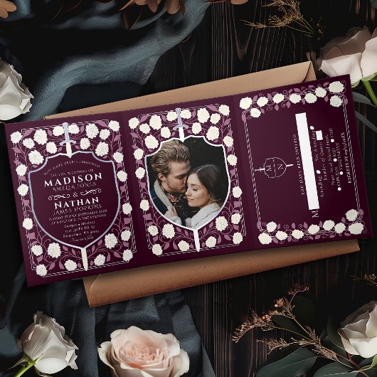 Zilveren Zwaard & Schild Middeleeuwse Fantasy Wedd Drieluik Uitnodiging