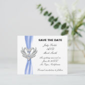 Zilveren Zwanen Blauwe Lint Save The Date Kaart (Staand voorkant)