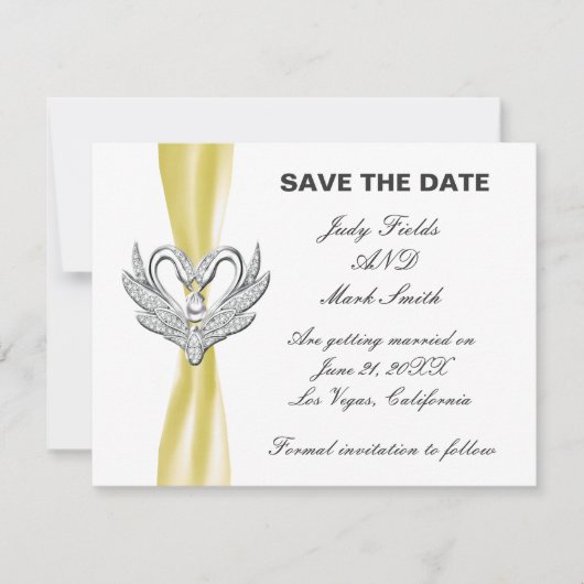 Zilveren Zwanen Gele Lint Save The Date Kaart (Voorkant)