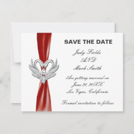 Zilveren Zwanen Rode Lint Save The Date Kaart