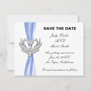 Zilveren Zwanen Save The Date Kaart Blauwe Lint