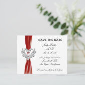Zilveren Zwanen Save The Date Kaart met Rode Lint (Staand voorkant)