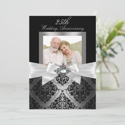 Zilveren Zwart Boog & Damast 25e Huwelijksjubileum Kaart (Staand voorkant)
