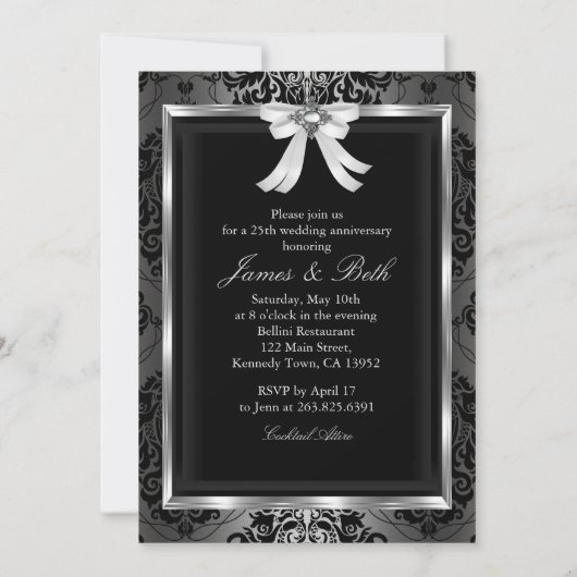 Zilveren Zwart Boog & Damast 25e Huwelijksjubileum Kaart (Achterkant)