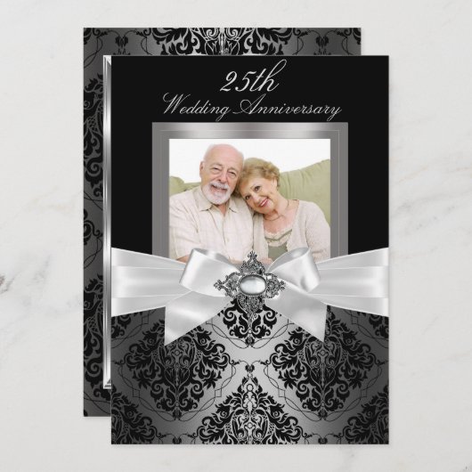Zilveren Zwart Boog & Damast 25e Huwelijksjubileum Kaart (Voorkant / Achterkant)