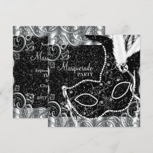 Zilveren Zwart Masker Masker Maskerade Party Kaart (Voorkant / Achterkant)