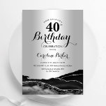 Zilveren Zwarte Agaat 40ste verjaardag Kaart<br><div class="desc">Zwart en zilveren agaat 40e verjaardag feestuitnodiging. Elegant modern ontwerp met rotssteen marmeren geode achtergrond,  faux glitter zilver en typografie script lettertype. Trendy uitnodigingskaart perfect voor een stijlvol vrouwenfeest. Gedrukte Zazzle-uitnodigingen of direct download digitale afdrukbare sjabloon.</div>