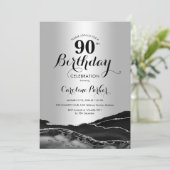 Zilveren Zwarte Agaat Marmer 90ste Verjaardag Kaart (Staand voorkant)