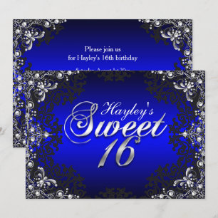 Zilveren Zwarte Blauwe Parel Damast Sweet 16 Uitno Kaart