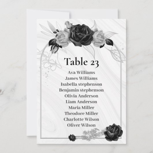 Zilveren & Zwarte Bloemen Zitkaart Tafelnummer (Voorkant)