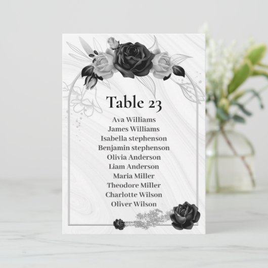 Zilveren & Zwarte Bloemen Zitkaart Tafelnummer (Staand voorkant)