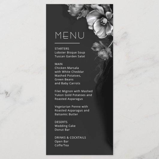 Zilveren Zwarte Bloemige Bruiloft Menu (Voorkant)