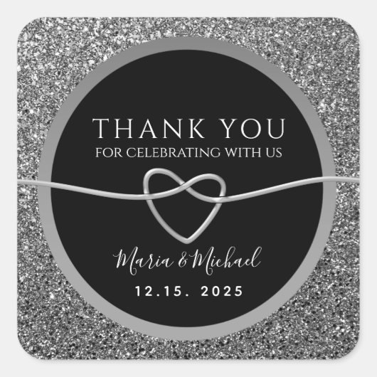 Zilveren zwarte bruiloft dank u vierkante sticker (Voorkant)