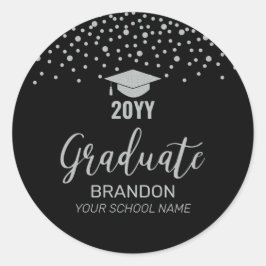 Zilveren Zwarte Confetti Afstudeerfeest Favor Ronde Sticker