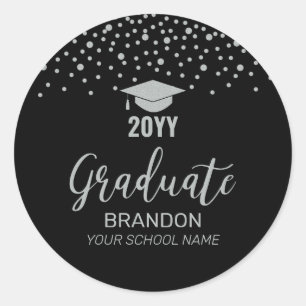 Zilveren Zwarte Confetti Afstudeerfeest Favor Ronde Sticker