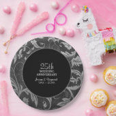 Zilveren Zwarte Damast 25e Verjaardag Papieren Bordje (Feest)