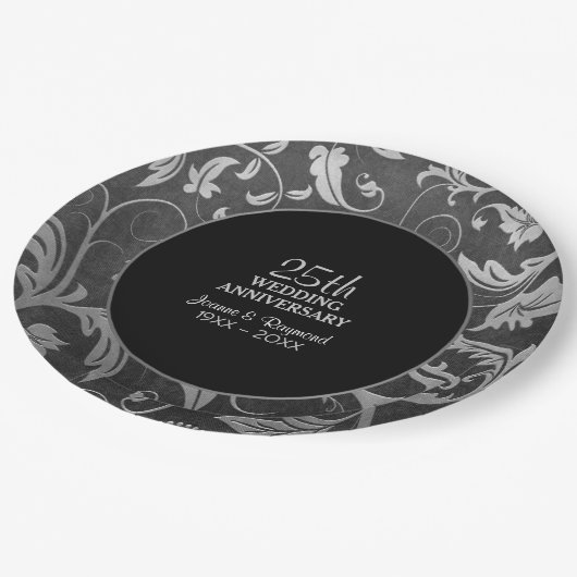 Zilveren Zwarte Damast 25e Verjaardag Papieren Bordje (Gekanteld)
