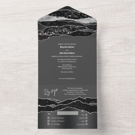Zilveren zwarte diamant glitter marmer elegante br all in one uitnodiging (Binnen)