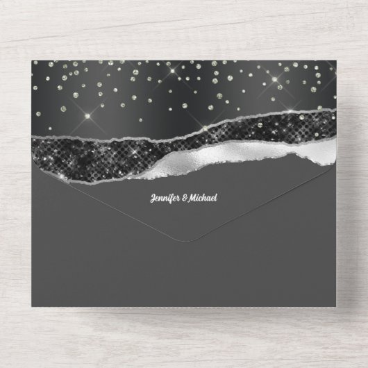 Zilveren zwarte diamant glitter marmer elegante br all in one uitnodiging (Achterkant)