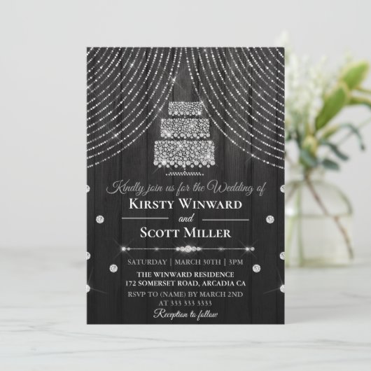 Zilveren Zwarte Diamant Gordijn Cake Bruiloft Kaart (Staand voorkant)