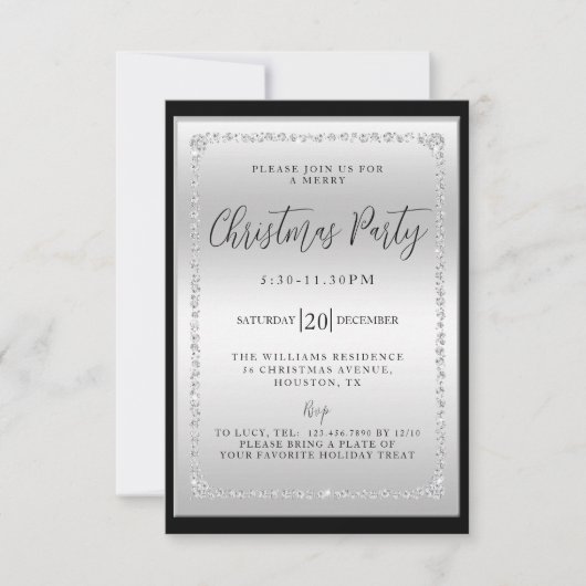 Zilveren & Zwarte Diamant Ingelijste Kerstfeest Kaart (Voorkant)