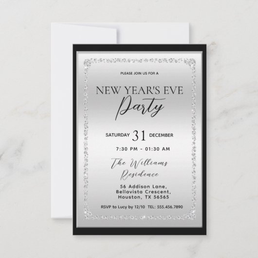 Zilveren & zwarte diamant omlijst oudejaarsavond kaart (Voorkant)