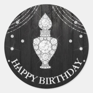 Zilveren Zwarte Diamant Parfumfles Happy Birthday Ronde Sticker