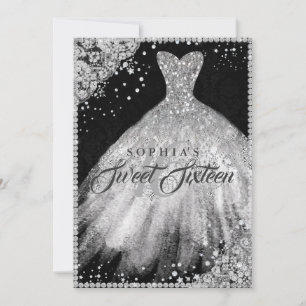 Zilveren Zwarte Diamanten Glitterjurk Sweet Sixtee Kaart