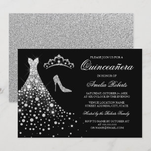 Zilveren Zwarte Diamanten Jurk Tiara Quinceanera Kaart