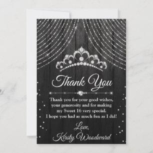 Zilveren & Zwarte Diamanten Tiara Sweet 16 Bedankkaart