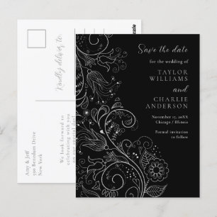 Zilveren Zwarte Elegante Bloemige Trouw Save The D Briefkaart