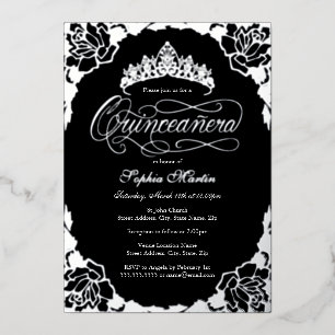 Zilveren Zwarte Elegante Script Rose Quinceanera Folie Uitnodiging