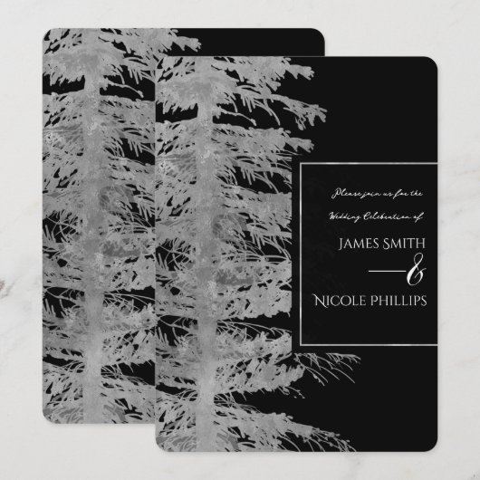 Zilveren zwarte glam dennenboom rustieke bos bruil kaart (Voorkant / Achterkant)