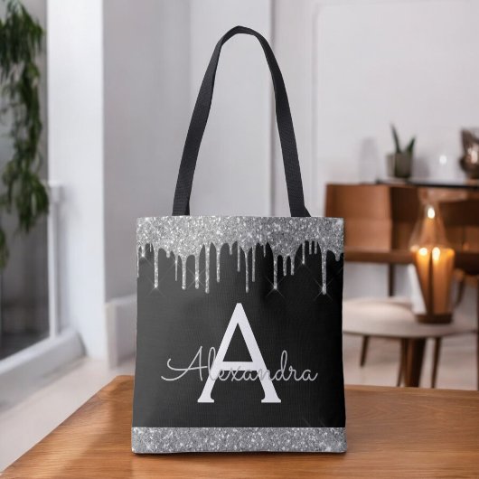 Zilveren Zwarte Glitter Elegant Monogram Tote Bag