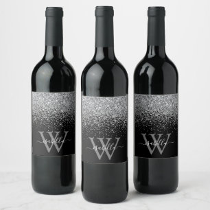 Zilveren Zwarte Glitter Elegante Script Naam Wijn Etiket