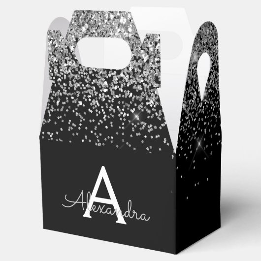 Zilveren zwarte glitter & glans monogram bedankdoosjes (Geopend)
