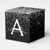 Zilveren zwarte glitter & glans monogram bedankdoosjes (Voorkant Zijde)