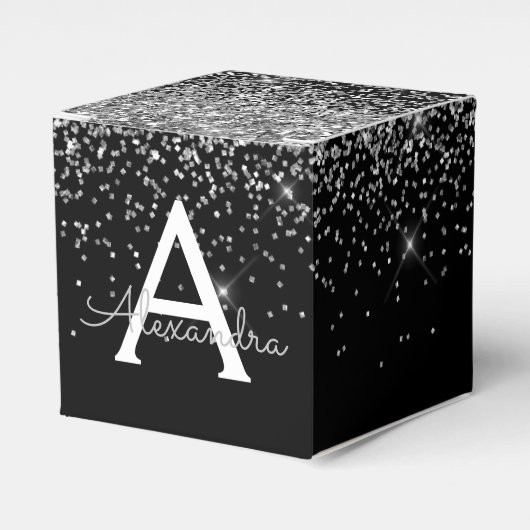 Zilveren zwarte glitter & glans monogram bedankdoosjes (Voorkant Zijde)
