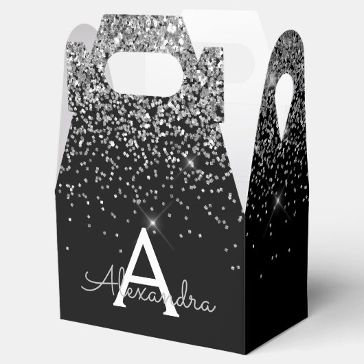 Zilveren Zwarte Glitter & Glans Monogram Bedankdoosjes (Geopend)