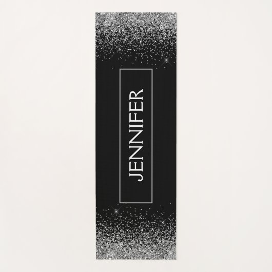 Zilveren Zwarte Glitter Glans Monogram Naam Yogamat (Voorkant)
