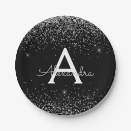 Zilveren Zwarte Glitter Glans Monogram Verjaardag Papieren Bordje
