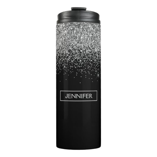 Zilveren Zwarte Glitter Meisjesachtige Monogram Na Thermosbeker (Voorkant)