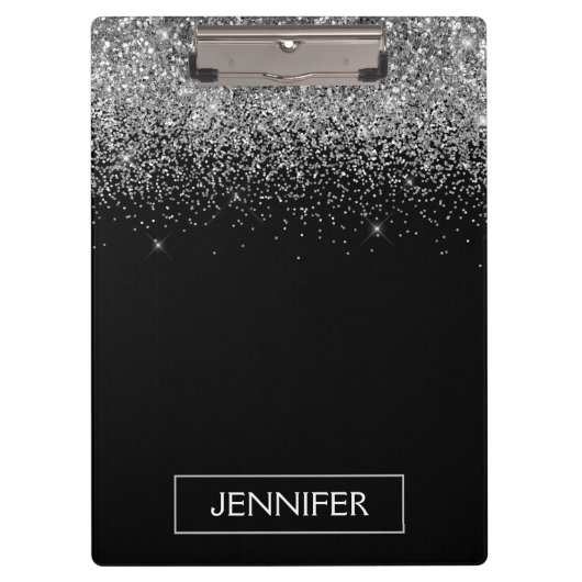 Zilveren Zwarte Glitter Meisjesnaam met Monogram Klembord (Voorkant)