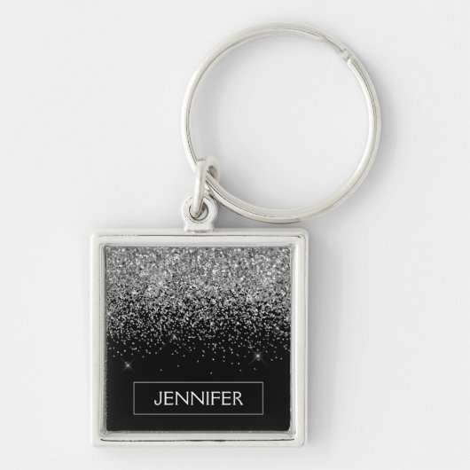 Zilveren Zwarte Glitter Meisjesnaam met Monogram Sleutelhanger (Voorkant)