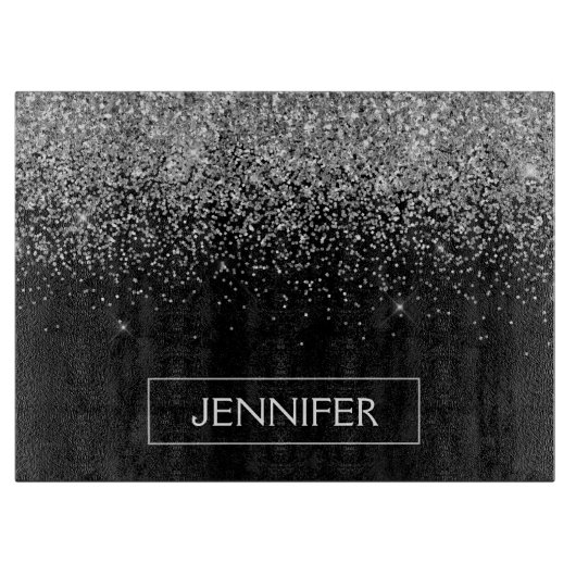 Zilveren Zwarte Glitter Meisjesnaam met Monogram Snijplank (Voorkant)