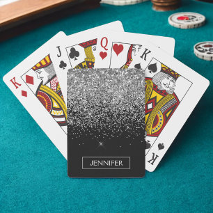 Zilveren Zwarte Glitter Meisjesnaam Monogram Pokerkaarten
