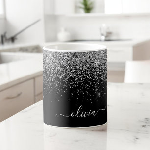 Zilveren Zwarte Glitter Moderne Monogram Naam Grote Koffiekop