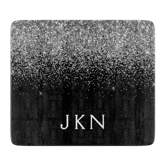 Zilveren Zwarte Glitter Monogram Glamour Naam Begi Snijplank (Voorkant)