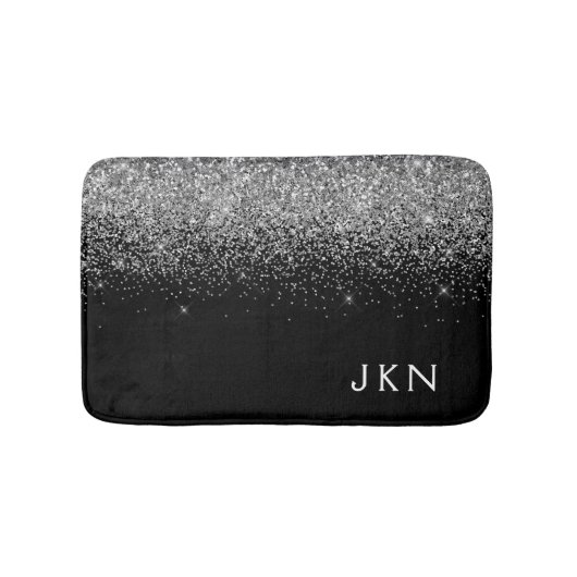 Zilveren Zwarte Glitter Monogram Glamour Naam Init Badmat (Voorkant)